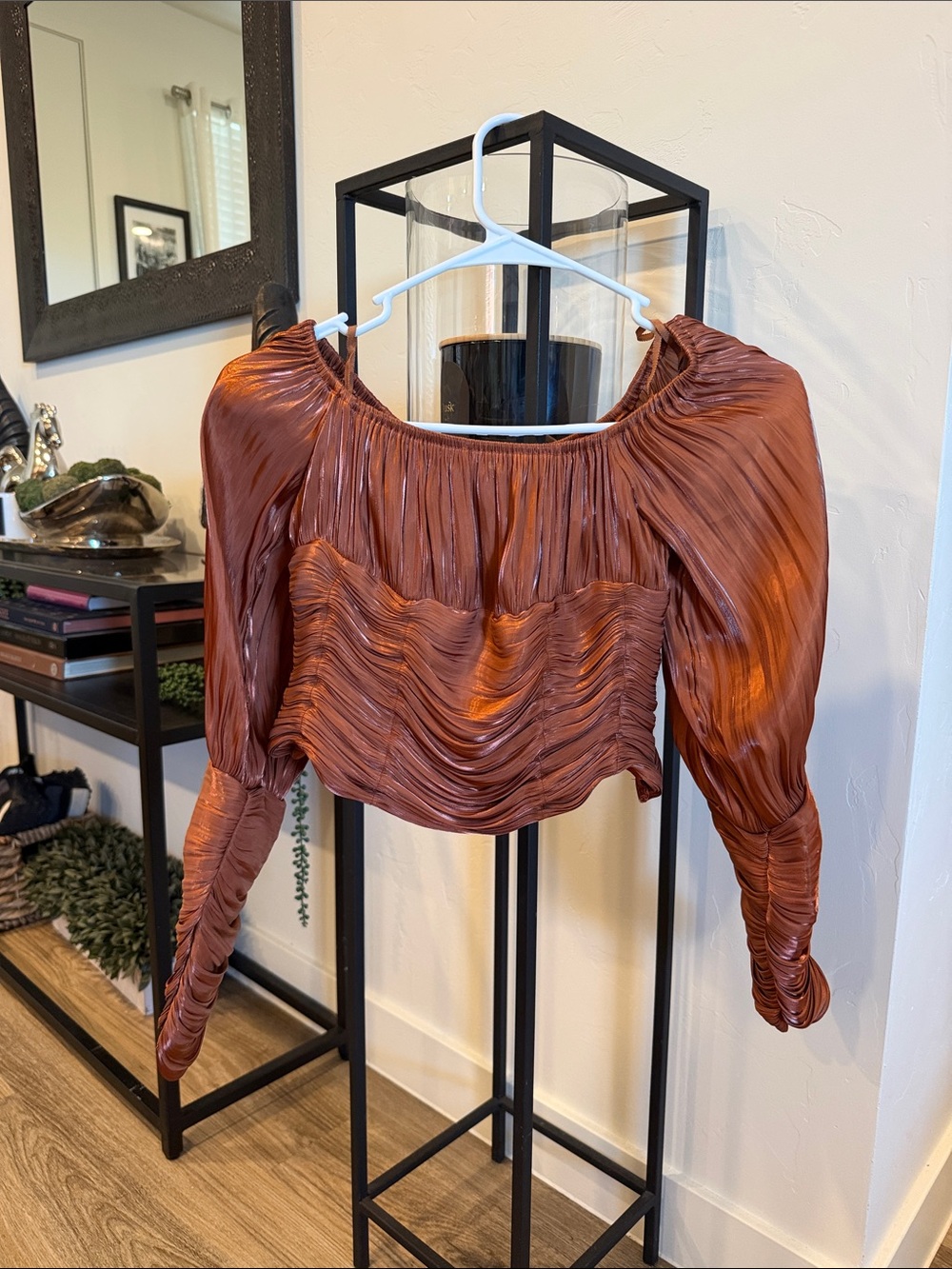 Line & Dot Rust Satin Pleated Crop Top